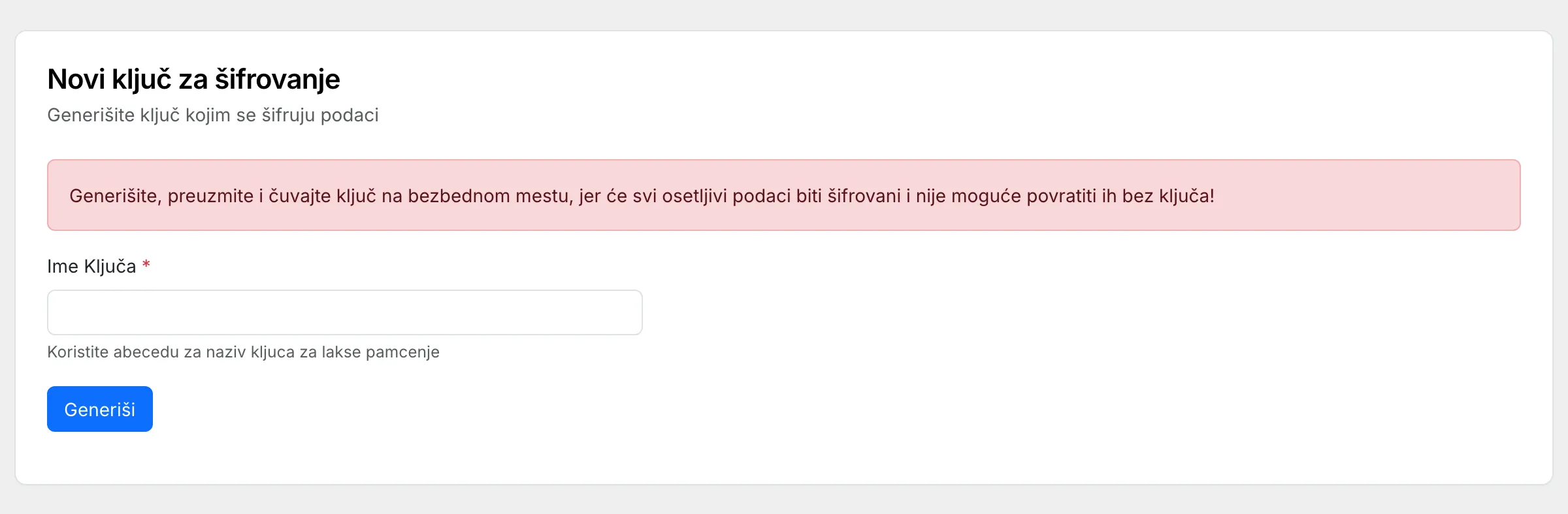 Ekran za generisanje novog ključa za šifrovanje