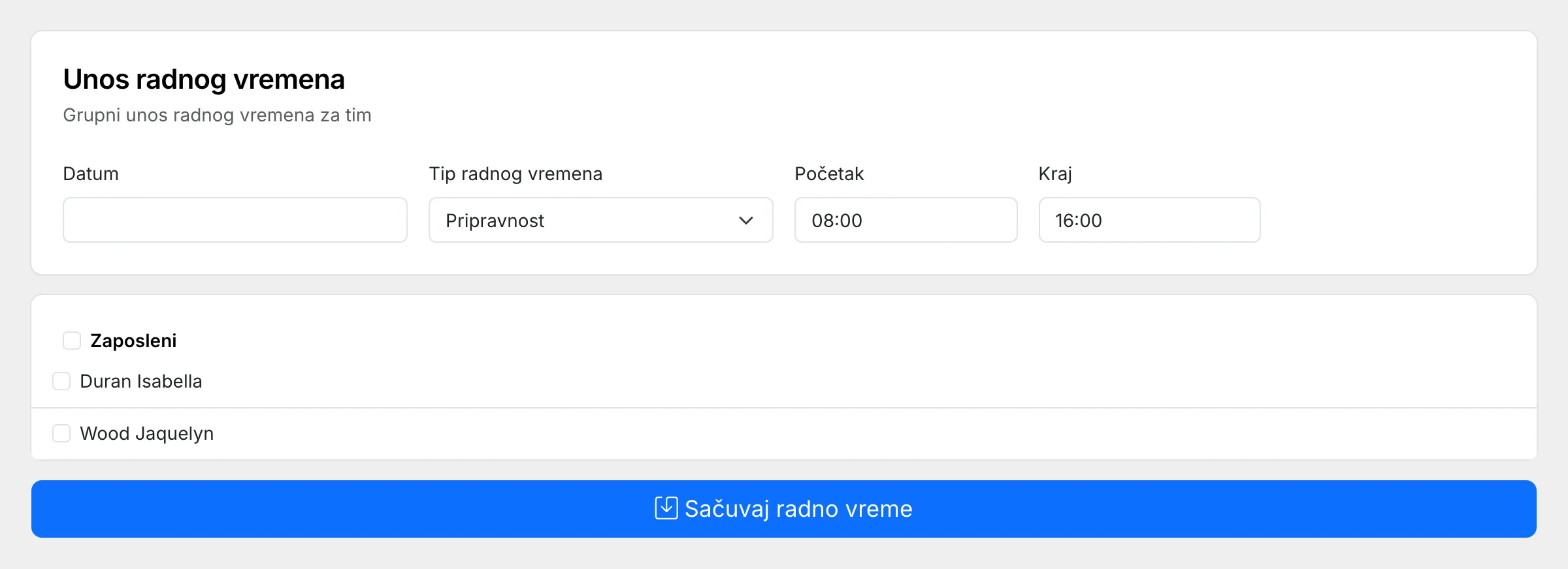 Ekran za grupni unos radnog vremena